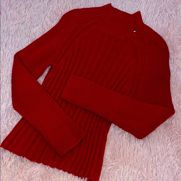Red Chunky Ribbed Vintage Tommy Hilfiger Mock Neck Sweater - Picture 1 of 8